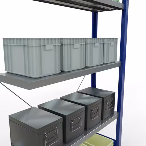 Produktbild Nr 14 des Artikels Anbauregal, Fachbodenregal Stecksystem MULTIplus330, 2000 x 1000 x 300 mm (HxBxT), 5 Fachböden, Kreuzstrebe, RAL 5010 enzianblau/verzinkt Abbildung Nr 14 des Artikels Anbauregal, Fachbodenregal Stecksystem MULTIplus330, 2000 x 1000 x 300 mm (HxBxT), 5 Fachböden, Kreuzstrebe, RAL 5010 enzianblau/verzinkt aus der Produktgruppe Stecksystem von der Marke Schulte Lagertechnik