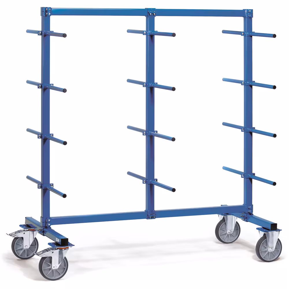 Tragarmwagen 4624-1 Breite 800 mm, Länge 1200 mm von der Marke Fetra Tragarmwagen zweiseitig PVC Rahmen aus stabilem Quadratrohr Rollen-Traversen, Pfosten und Streben durch kräftige Schraubschellen verbunden Typ Ladeflächenbreite: 800 mm aus der Kategorie Etagenwagen mit der Artikelnr. 4624-1