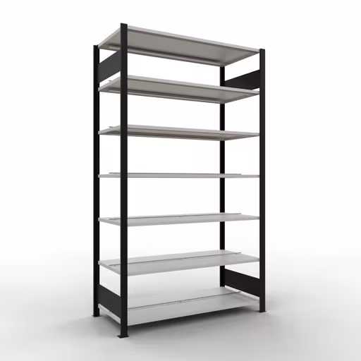 Grundregal, Büro-Fachbodenregal Stecksystem MULTIplus150, 2300 x 1300 x 600 mm (HxBxT), 7 Fachböden, Längenriegel, mit Mittelanschlag, schwarz/lichtgrau aus der Kategorie Stecksystem mit der Artikelnummer 36050-S