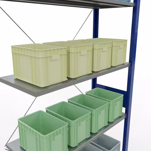 Andere Ansicht des Artikels Anbauregal, Fachbodenregal Stecksystem MULTIplus150, 3000 x 1000 x 400 mm (HxBxT), 7 Fachböden, Kreuzstrebe, RAL 5010/verzinkt aus der Kategorie Stecksystem