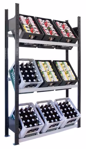 Andere Ansicht des Artikels Grundregal, Getränkekistenregal 1800 x 1000 x 300 mm (HxBxT), schwarz/silber, 3 Ebenen für 9 Getränkekisten aus der Kategorie Fachbodenregale