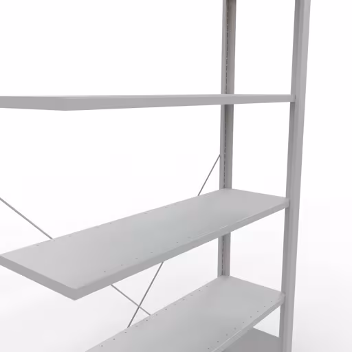 Anbauregal, Büro-Fachbodenregal Stecksystem MULTIplus85, 2000 x 1000 x 300 mm (HxBxT), 6 Fachböden, Kreuzstrebe, ohne Anschlagleiste, lichtgrau von Schulte Lagertechnik mit der Artikelnr. 36028