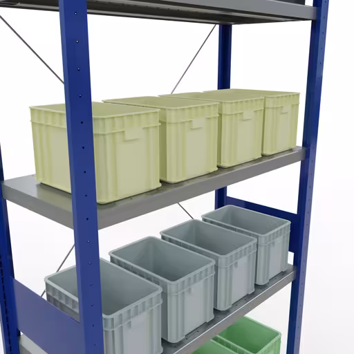 Abbildung Nr 12 des Artikels Grundregal, Fachbodenregal Stecksystem MULTIplus330, 3000 x 1000 x 400 mm (HxBxT), 7 Fachböden, Kreuzstrebe, RAL 5010 enzianblau/verzinkt aus der Produktgruppe Stecksystem von der Marke Schulte Lagertechnik
