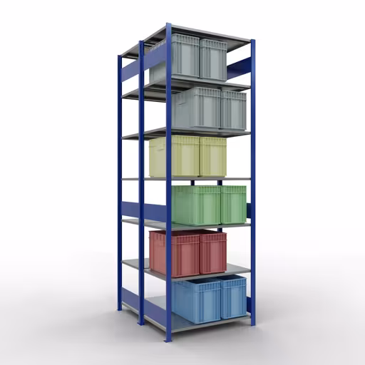 Grundregal, Doppelregal, Fachbodenregal Stecksystem MULTIplus150, 3000 x 1000 x (2x600) mm (HxBxT), 2x7 Fachböden, Längenriegel, RAL 5010 enzianblau von Schulte Lagertechnik mit der Artikelnr. 33162-B