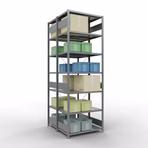 Grundregal, Doppelregal, Fachbodenregal Stecksystem MULTIplus250, 3000 x 1000 x (2x600) mm (HxBxT), 2x7 Fachböden, Kreuzstrebe, verzinkt mit der Artikelnr. 14262-G Grundregal, Doppelregal, Fachbodenregal Stecksystem MULTIplus250, 3000 x 1000 x (2x600) mm (HxBxT), 2x7 Fachböden, Kreuzstrebe, verzinkt von Schulte Lagertechnik aus der Kategorie Fachbodenregale