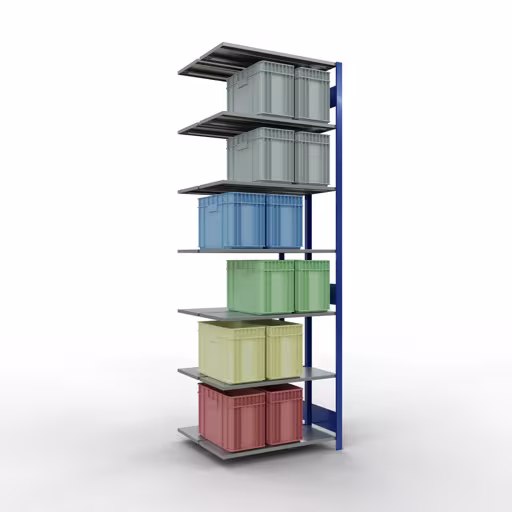 Andere Ansicht des Artikels Anbauregal, Doppelregal, Fachbodenregal Stecksystem MULTIplus150, 3000 x 1000 x (2x400) mm (HxBxT), 2x7 Fachböden, Längenriegel, RAL 5010 enzianblau aus der Kategorie Fachbodenregale