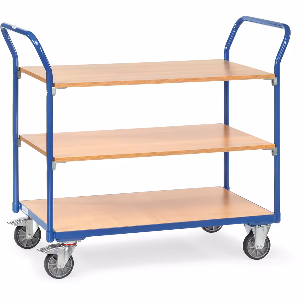 Tischwagen 200 kg 3 Etagen Profilstahl-/Stahlrohr-Schweißkonstruktion, brillantblau RAL 5007, 3 Böden aus Holzwerkstoffplatte, Oberfläche Buchendekor aus der Kategorie Tischwagen