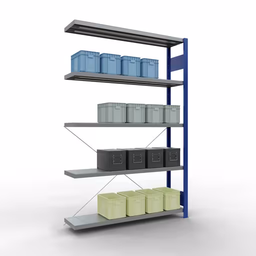 Abbildung Nr 9 des Artikels Anbauregal, Fachbodenregal Stecksystem MULTIplus250, 2000 x 1300 x 300 mm (HxBxT), 5 Fachböden, Kreuzstrebe, RAL 5010 enzianblau/verzinkt aus der Produktgruppe Stecksystem von der Marke Schulte Lagertechnik