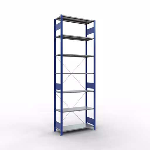 Grundregal, Fachbodenregal Stecksystem MULTIplus85, 3000 x 1000 x 400 mm (HxBxT), 7 Fachböden, Kreuzstrebe, RAL 5010 enzianblau von der Marke Schulte Lagertechnik Grundregal, Fachbodenregal Stecksystem MULTIplus85, 3000 x 1000 x 400 mm (HxBxT), 7 Fachböden, Kreuzstrebe, RAL 5010 enzianblau aus der Kategorie Grundregal mit der Artikelnummer 13142-B