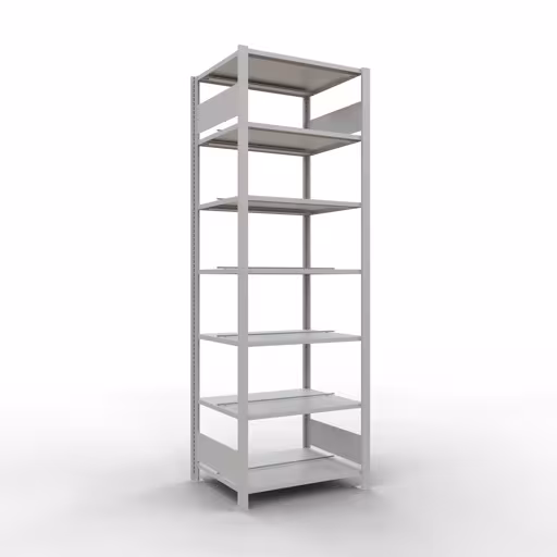 Grundregal, Büro-Fachbodenregal Stecksystem MULTIplus150, 2300 x 750 x 600 mm (HxBxT), 7 Fachböden, Längenriegel, mit Mittelanschlag, lichtgrau aus der Kategorie Stecksystem mit der Artikelnummer 36048