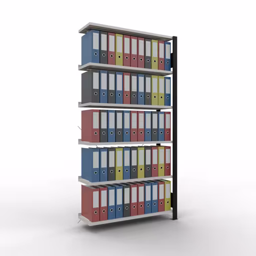 Anbauregal, Büro-Fachbodenregal Stecksystem MULTIplus85, 2000 x 1000 x 300 mm (HxBxT), 6 Fachböden, Kreuzstrebe, mit Anschlagleiste, schwarz/lichtgrau von der Marke Schulte Lagertechnik aus der Produktreihe Büroregale