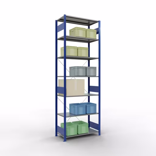 Grundregal, Fachbodenregal Stecksystem MULTIplus85, 3000 x 1000 x 500 mm (HxBxT), 7 Fachböden, Kreuzstrebe, RAL 5010 enzianblau von Schulte Lagertechnik mit der Artikelnr. 13152-B