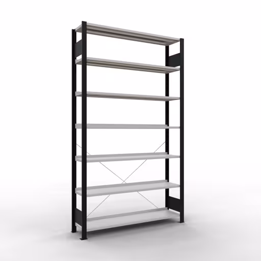 Grundregal, Büro-Fachbodenregal Stecksystem MULTIplus85, 2300 x 1300 x 300 mm (HxBxT), 7 Fachböden, Kreuzstrebe, mit Anschlagleiste, schwarz/lichtgrau von der Marke Schulte Lagertechnik Grundregal, Büro-Fachbodenregal Stecksystem MULTIplus85, 2300 x 1300 x 300 mm (HxBxT), 7 Fachböden, Kreuzstrebe, mit Anschlagleiste, schwarz/lichtgrau aus der Kategorie Stecksystem mit der Artikelnummer 36014-S