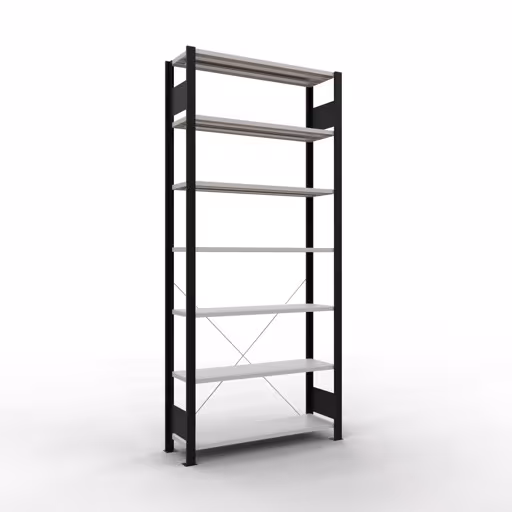 Grundregal, Büro-Fachbodenregal Stecksystem MULTIplus85, 2300 x 1000 x 300 mm (HxBxT), 7 Fachböden, Kreuzstrebe, ohne Anschlagleiste, schwarz/lichtgrau aus der Kategorie Stecksystem mit der Artikelnummer 36031-S