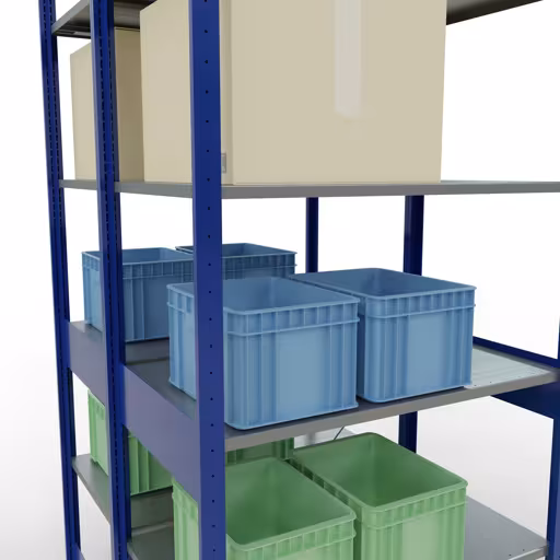 Andere Ansicht des Artikels Grundregal, Doppelregal, Fachbodenregal Stecksystem MULTIplus150, 2500 x 1000 x (2x600) mm (HxBxT), 2x6 Fachböden, Kreuzstrebe, RAL 5010 enzianblau Andere Ansicht des Artikels Grundregal, Doppelregal, Fachbodenregal Stecksystem MULTIplus150, 2500 x 1000 x (2x600) mm (HxBxT), 2x6 Fachböden, Kreuzstrebe, RAL 5010 enzianblau aus der Kategorie Fachbodenregale