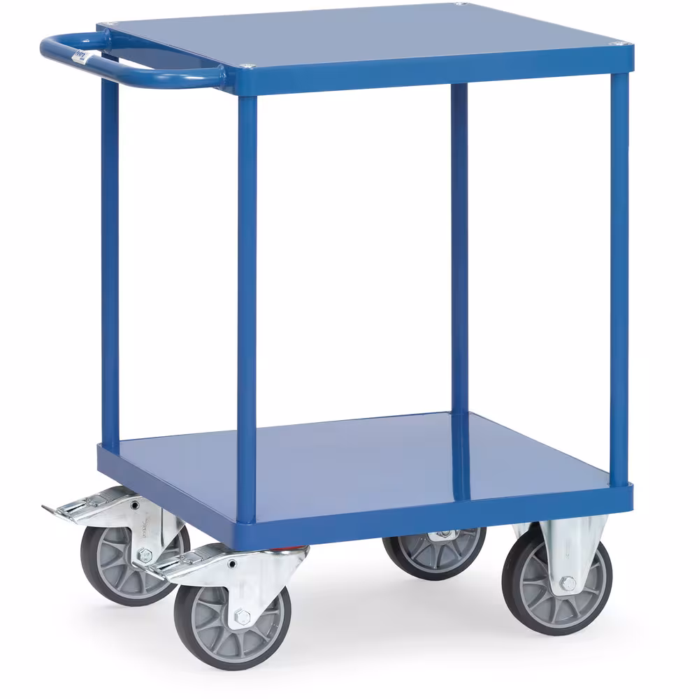 Tischwagen 2496B - Stahlblech-Plattformen bündig pulverbeschichtet brillantblau RAL 5007 2 Plattformen aus Stahlblech, bündig im Rahmen aus der Kategorie Tischwagen mit der Artikelnummer 2496B