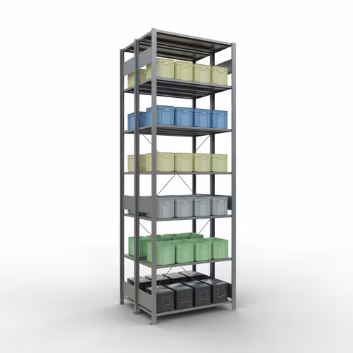 Produktbild Nr 13 des Artikels Grundregal, Doppelregal, Fachbodenregal Stecksystem MULTIplus150, 3000 x 1000 x (2x800) mm (HxBxT), 2x7 Fachböden, Kreuzstrebe, verzinkt Abbildung Nr 13 des Artikels Grundregal, Doppelregal, Fachbodenregal Stecksystem MULTIplus150, 3000 x 1000 x (2x800) mm (HxBxT), 2x7 Fachböden, Kreuzstrebe, verzinkt aus der Produktgruppe Fachbodenregale von der Marke Schulte Lagertechnik