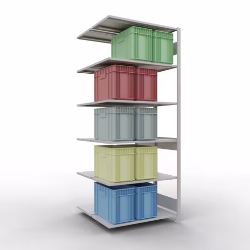 Anbauregal, Doppelregal, Fachbodenregal Stecksystem MULTIplus150, 2500 x 1000 x (2x500) mm (HxBxT), 2x6 Fachböden, Längenriegel, RAL 7035 lichtgrau mit der GTIN 4004514269980 Anbauregal, Doppelregal, Fachbodenregal Stecksystem MULTIplus150, 2500 x 1000 x (2x500) mm (HxBxT), 2x6 Fachböden, Längenriegel, RAL 7035 lichtgrau von Schulte Lagertechnik mit der Artikelnr. 33156