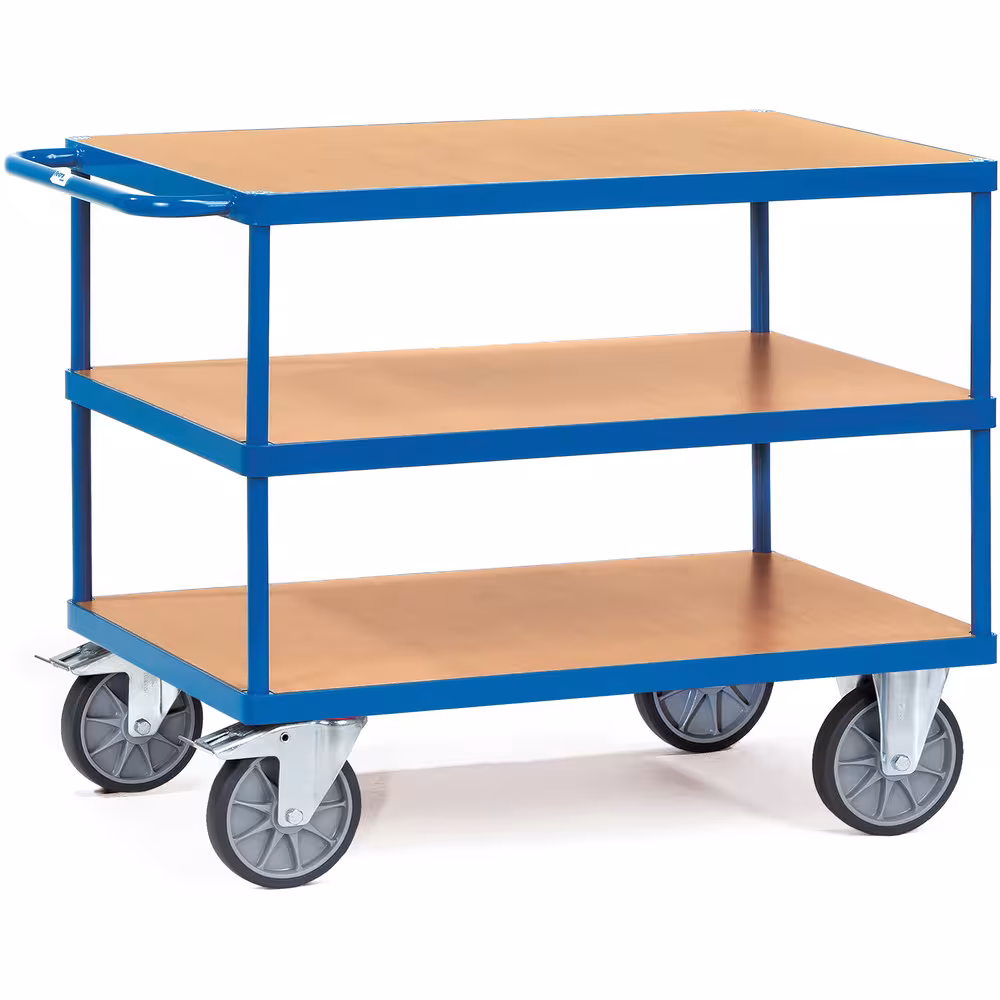 Tischwagen 2420 Länge 850 mm, Breite 500 mm von der Marke Fetra Tischwagen 3 Etagen pulverbeschichtet RAL 5007 3 Plattformen aus Holzwerkstoffplatte, Oberfläche Buchendekor 2 Lenk- und 2 Bockrollen Typ Ladeflächenbreite: 500 mm aus der Kategorie Tischwagen mit der Artikelnr. 2420