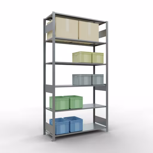 Grundregal, Fachbodenregal Stecksystem MULTIplus150, 2500 x 1300 x 500 mm (HxBxT), 6 Fachböden, Längenriegel, verzinkt mit der GTIN 4004514280435 Grundregal, Fachbodenregal Stecksystem MULTIplus150, 2500 x 1300 x 500 mm (HxBxT), 6 Fachböden, Längenriegel, verzinkt von Schulte Lagertechnik mit der Artikelnr. 12751-130-LR