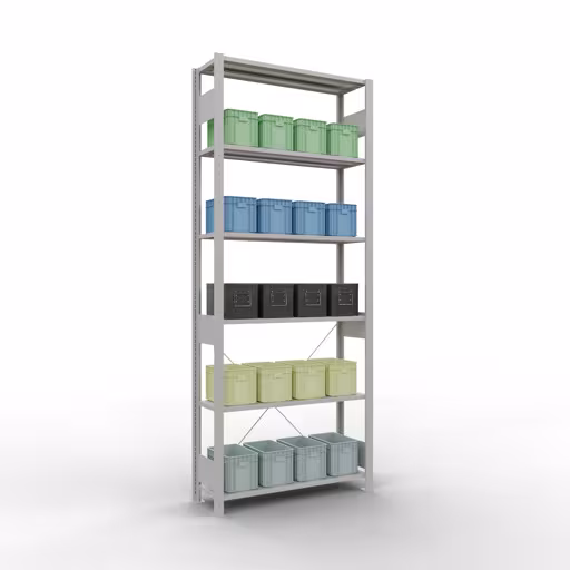 Abbildung Nr 10 des Artikels Grundregal, Fachbodenregal Stecksystem MULTIplus85, 2500 x 1000 x 300 mm (HxBxT), 6 Fachböden, Kreuzstrebe, RAL 7035 lichtgrau aus der Produktgruppe Stecksystem von der Marke Schulte Lagertechnik