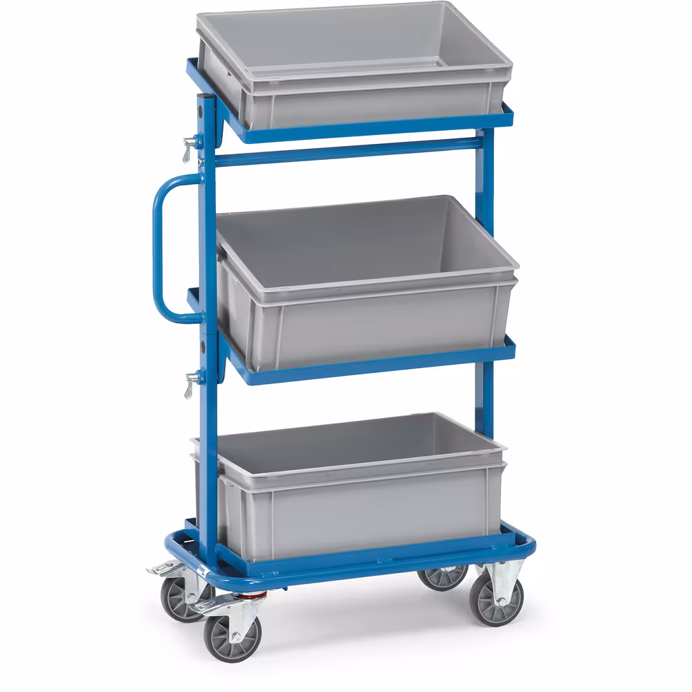 Beistellwagen 32912 - mit 3 Kästen pulverbeschichtet, blau RAL 5007 Tragkraft obere und mittlere Ladefläche 50 kg, 2 Lenk- und 2 Bockrollen aus der Kategorie Etagenwagen mit der Artikelnummer 32912