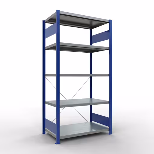 Grundregal, Fachbodenregal Stecksystem MULTIplus330, 2000 x 1000 x 600 mm (HxBxT), 5 Fachböden, Kreuzstrebe, RAL 5010 enzianblau/verzinkt aus der Kategorie Grundregal mit der Artikelnummer 13960-B