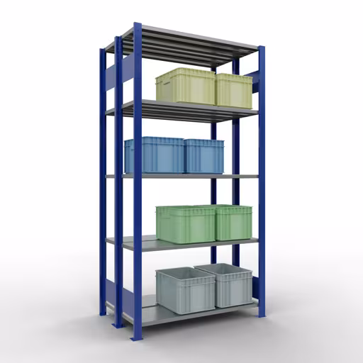 Zusatzbild des Artikels Grundregal, Doppelregal, Fachbodenregal Stecksystem MULTIplus150, 2000 x 1000 x (2x300) mm (HxBxT), 2x5 Fachböden, Längenriegel, RAL 5010 enzianblau aus Doppelregale