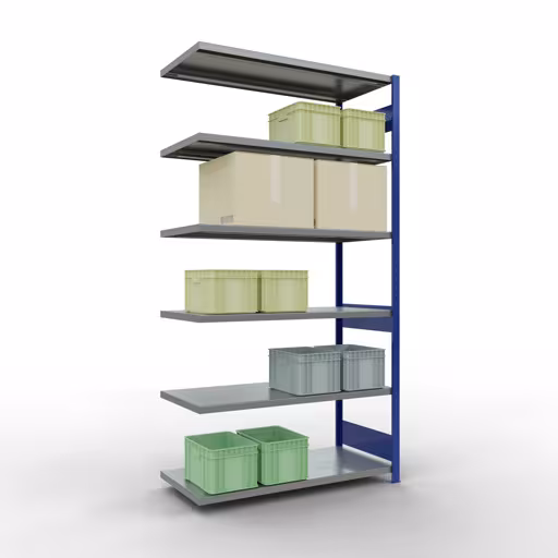 Produktbild Nr 12 des Artikels Anbauregal, Fachbodenregal Stecksystem MULTIplus250, 2500 x 1300 x 600 mm (HxBxT), 6 Fachböden, Längenriegel, RAL 5010 enzianblau/verzinkt Abbildung Nr 12 des Artikels Anbauregal, Fachbodenregal Stecksystem MULTIplus250, 2500 x 1300 x 600 mm (HxBxT), 6 Fachböden, Längenriegel, RAL 5010 enzianblau/verzinkt aus der Produktgruppe Stecksystem von der Marke Schulte Lagertechnik