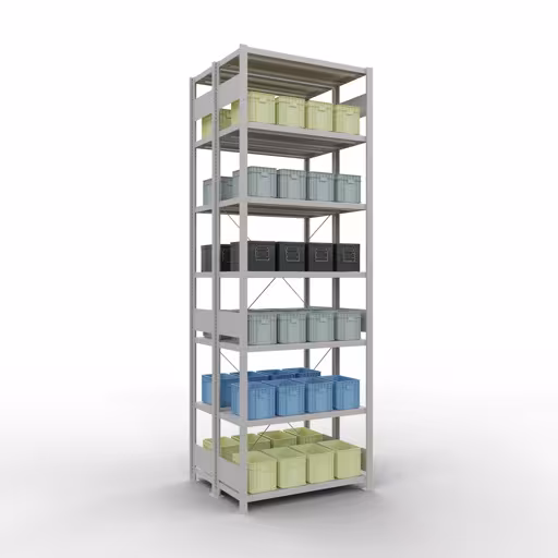 Grundregal, Doppelregal, Fachbodenregal Stecksystem MULTIplus250, 3000 x 1000 x (2x400) mm (HxBxT), 2x7 Fachböden, Kreuzstrebe, RAL 7035 lichtgrau aus der Kategorie Doppelregale mit der GTIN 4058255035434 Grundregal, Doppelregal, Fachbodenregal Stecksystem MULTIplus250, 3000 x 1000 x (2x400) mm (HxBxT), 2x7 Fachböden, Kreuzstrebe, RAL 7035 lichtgrau von der Marke Schulte Lagertechnik aus der Produktreihe Fachbodenregale