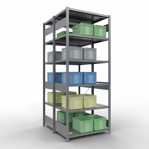 Produktbild Nr.12 des Artikels Grundregal, Doppelregal, Fachbodenregal Stecksystem MULTIplus250, 2500 x 1000 x (2x600) mm (HxBxT), 2x6 Fachböden, Kreuzstrebe, verzinkt aus der Produktreihe Fachbodenregale von der Marke Schulte Lagertechnik