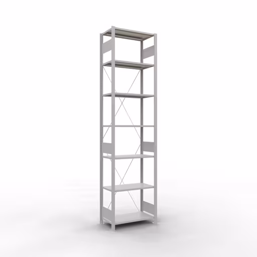 Zusatzbild des Artikels Grundregal, Fachbodenregal Stecksystem MULTIplus150, 3000 x 750 x 400 mm (HxBxT), 7 Fachböden, Kreuzstrebe, RAL 7035 lichtgrau aus Grundregal
