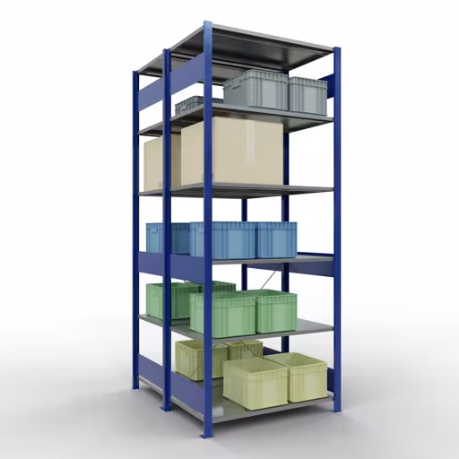 Grundregal, Doppelregal, Fachbodenregal Stecksystem MULTIplus150, 2500 x 1000 x (2x600) mm (HxBxT), 2x6 Fachböden, Kreuzstrebe, RAL 5010 enzianblau von der Marke Schulte Lagertechnik aus der Produktreihe Fachbodenregale