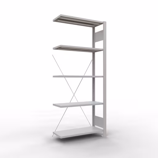 Anbauregal, Büro-Fachbodenregal Stecksystem MULTIplus85, 1800 x 750 x 300 mm (HxBxT), 5 Fachböden, Kreuzstrebe, ohne Anschlagleiste, lichtgrau aus der Kategorie Stecksystem mit der Artikelnummer 36021