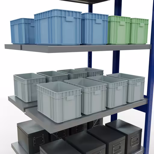 Produktbild Nr 14 des Artikels Anbauregal, Doppelregal, Fachbodenregal Stecksystem MULTIplus250, 2500 x 1000 x (2x400) mm (HxBxT), 2x6 Fachböden, Kreuzstrebe, RAL 5010 enzianblau Abbildung Nr 14 des Artikels Anbauregal, Doppelregal, Fachbodenregal Stecksystem MULTIplus250, 2500 x 1000 x (2x400) mm (HxBxT), 2x6 Fachböden, Kreuzstrebe, RAL 5010 enzianblau aus der Produktgruppe Fachbodenregale von der Marke Schulte Lagertechnik