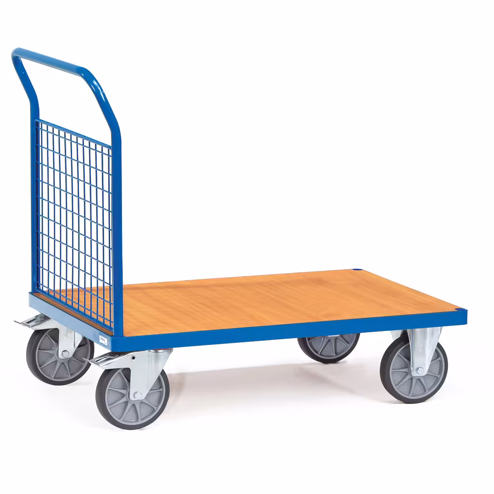 Stirnwandwagen Drahtgitter pulverbeschichtet RAL 5007, Plattform Holzwerkstoffplatte, Oberfläche Buchendekor aus der Kategorie Wagen