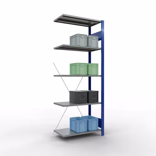Produktbild Nr.14 des Artikels Anbauregal, Fachbodenregal Stecksystem MULTIplus150, 2000 x 750 x 400 mm (HxBxT), 5 Fachböden, Kreuzstrebe, RAL 5010 enzianblau/verzinkt/verzinkt aus der Produktreihe Stecksystem von der Marke Schulte Lagertechnik