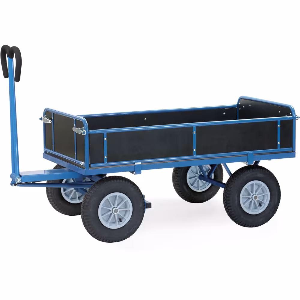 Handpritschenwagen Bordwände pulverbeschichtet blau RAL 5007, 4 Eckhülsen, Drehschemel-Lenkung mit Kugelkranz Typ Bereifung: Vollgummi aus der Kategorie Handwagen/Pritschenwagen mit der Artikelnr. 6455V