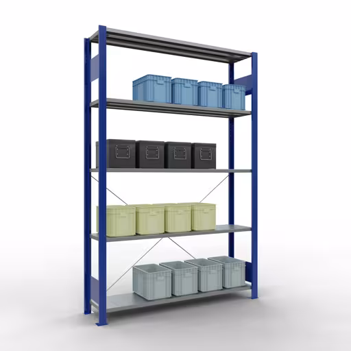 Zusatzbild des Artikels Grundregal, Fachbodenregal Stecksystem MULTIplus150, 2000 x 1300 x 300 mm (HxBxT), 5 Fachböden, Kreuzstrebe, RAL 5010 enzianblau/verzinkt aus Grundregal