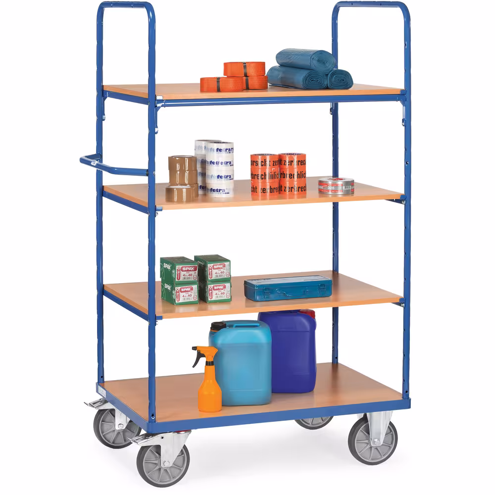 Etagenwagen offen 4 Etagen pulverbeschichtet blau RAL 5007, Stirnwände offen, 1 fester und 3 lose Einlegeböden aus Holzwerkstoffplatten Ausführung Ladeflächenlänge: 1000 mm mit der GTIN 4017976083018 Etagenwagen 8301 Breite 600 mm, Länge 1000 mm von Fetra mit der Artikelnr. 8301