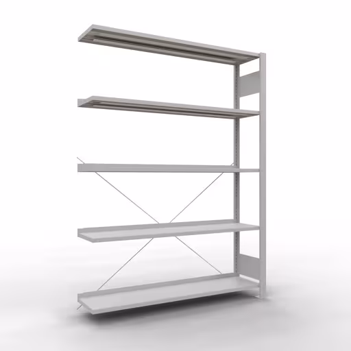 Anbauregal, Büro-Fachbodenregal Stecksystem MULTIplus85, 1800 x 1300 x 300 mm (HxBxT), 5 Fachböden, Kreuzstrebe, mit Anschlagleiste, lichtgrau aus der Kategorie Stecksystem mit der Artikelnummer 36005