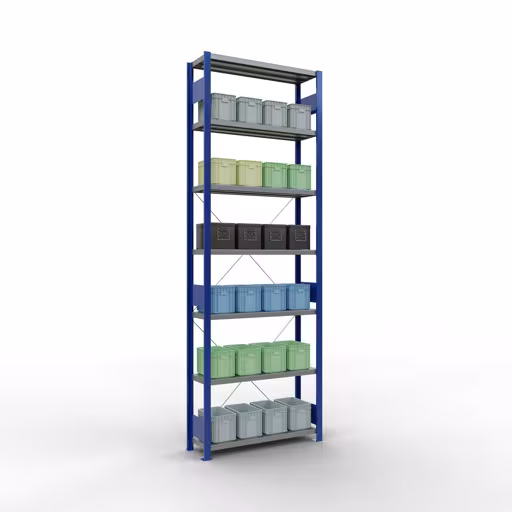 Abbildung Nr 8 des Artikels Grundregal, Fachbodenregal Stecksystem MULTIplus330, 3000 x 1000 x 300 mm (HxBxT), 7 Fachböden, Kreuzstrebe, RAL 5010 enzianblau/verzinkt aus der Produktgruppe Stecksystem von der Marke Schulte Lagertechnik