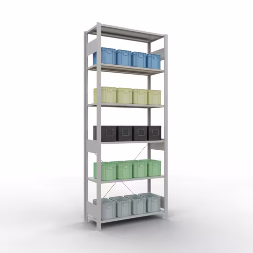 Produktbild Nr 13 des Artikels Grundregal, Fachbodenregal Stecksystem MULTIplus85, 2500 x 1000 x 400 mm (HxBxT), 6 Fachböden, Kreuzstrebe, RAL 7035 lichtgrau Abbildung Nr 13 des Artikels Grundregal, Fachbodenregal Stecksystem MULTIplus85, 2500 x 1000 x 400 mm (HxBxT), 6 Fachböden, Kreuzstrebe, RAL 7035 lichtgrau aus der Produktgruppe Stecksystem von der Marke Schulte Lagertechnik