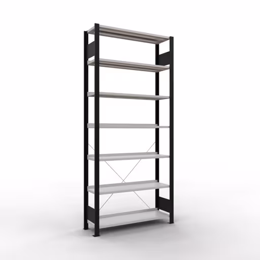 Grundregal, Büro-Fachbodenregal Stecksystem MULTIplus85, 2300 x 1000 x 300 mm (HxBxT), 7 Fachböden, Kreuzstrebe, mit Anschlagleiste, schwarz/lichtgrau von der Marke Schulte Lagertechnik Grundregal, Büro-Fachbodenregal Stecksystem MULTIplus85, 2300 x 1000 x 300 mm (HxBxT), 7 Fachböden, Kreuzstrebe, mit Anschlagleiste, schwarz/lichtgrau aus der Kategorie Stecksystem mit der Artikelnummer 36013-S