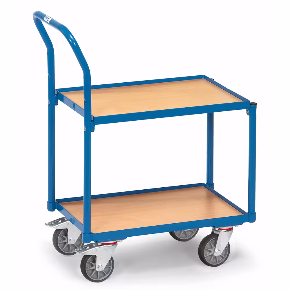 Etagenroller mit Rohrschiebebügel mit 2 Plattformen und Rohrschiebebügel, beide Rahmen mit Böden aus Holzwerkstoffplatte von der Marke Fetra aus der Produktreihe Transportsysteme