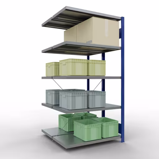 Anbauregal, Doppelregal, Fachbodenregal Stecksystem MULTIplus250, 2000 x 1000 x (2x500) mm (HxBxT), 2x5 Fachböden, Kreuzstrebe, RAL 5010 enzianblau aus der Kategorie Doppelregale mit der GTIN 4004514292155 Anbauregal, Doppelregal, Fachbodenregal Stecksystem MULTIplus250, 2000 x 1000 x (2x500) mm (HxBxT), 2x5 Fachböden, Kreuzstrebe, RAL 5010 enzianblau von der Marke Schulte Lagertechnik aus der Produktreihe Fachbodenregale