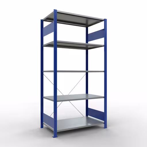 Grundregal, Fachbodenregal Stecksystem MULTIplus150, 2000 x 1000 x 600 mm (HxBxT), 5 Fachböden, Kreuzstrebe, RAL 5010/verzinkt aus der Kategorie Grundregal mit der Artikelnummer 12660-B