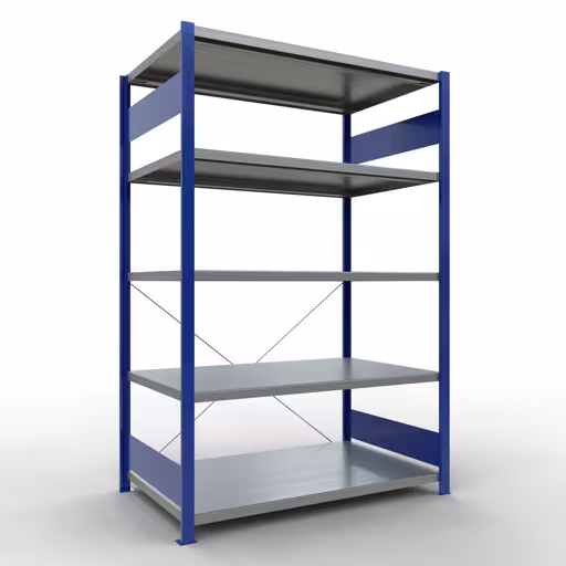 Grundregal, Fachbodenregal Stecksystem MULTIplus250, 2000 x 1300 x 800 mm (HxBxT), 5 Fachböden, Kreuzstrebe, RAL 5010 enzianblau/verzinkt von der Marke Schulte Lagertechnik aus der Produktreihe Stecksystem