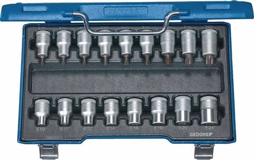 Jeu de 17 clés à douille Gedore ITX 19 TX-017, 1/2 pouce, T 20 - T60/E10-E24 Coffret de douilles GEDORE ITX 19 TX-017 de 17 pièces, 1/2 pouce, T20-T60/E10-E24, de la catégorie des coffrets de douilles 1/2", numéro d'article 4000821553