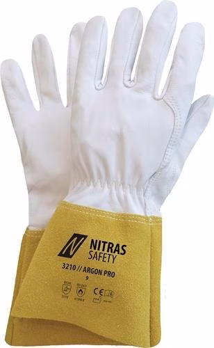 Guanti da saldatura ARGON PRO taglia 11 grigio/ocra 10 paia NITRAS SAFETY del marchio Nitras Safety Guanti da saldatura ARGON PRO EN 388, EN 12477 Dispositivo di protezione individuale categoria II NITRAS SAFETY della categoria guanti antitaglio con codice articolo 4000391575